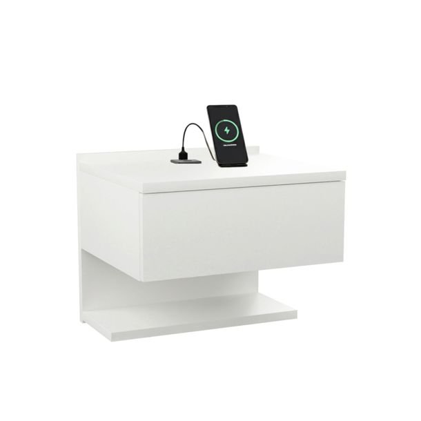 Szafka Nocna Wisząca Biała Z Portem Usb I Usb C Szuflada Półka 35x32x30 Cm