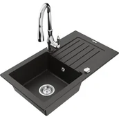 Zlewozmywaki z baterią - Mexen Pablo zlewozmywak granitowy 1-komorowy z ociekaczem i baterią kuchenną Savita, czarny/złoty metalik - miniaturka - grafika 1