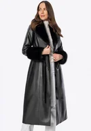 Płaszcze damskie - Damski płaszcz z imitacji skóry ze sztucznym futerkiem czarny - miniaturka - grafika 1