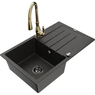 Zlewozmywaki z baterią - Mexen Bruno zlewozmywak granitowy 1-komorowy z ociekaczem i baterią kuchenną Savita, czarny/zloty metalik - 6513-75-672601-50-B - miniaturka - grafika 1