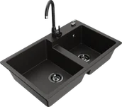 Zlewozmywaki z baterią - Mexen Tomas zlewozmywak granitowy 2-komorowy z baterią kuchenną Telma, czarny/złoty metalik - 6516-75-670200-70-B - miniaturka - grafika 1