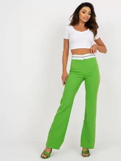 Spodnie damskie - Spodnie z materiału jasny zielony elegancki klasyczny materiałowe dzwony nogawka szeroka w kant guziki suwak - grafika 1