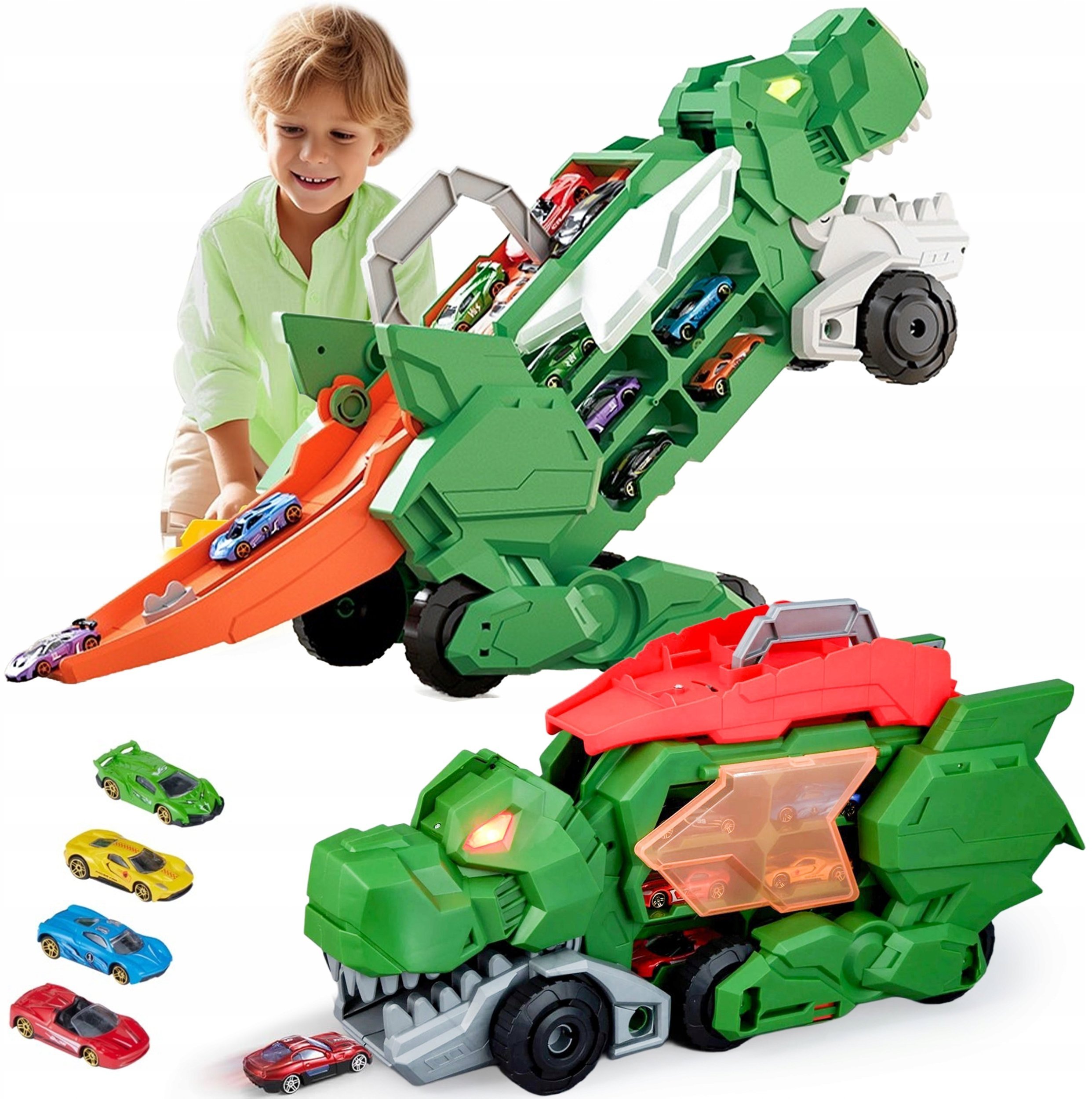 Ciężarówka Dinozaur T-Rex 2w1 Wyrzutnia, Zjeżdżalnia, Samochodziki