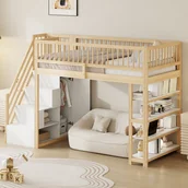 Łóżka dla dzieci i młodzieży - Łóżko piętrowe 90x200 cm - z półkami i drabinką - drewno lite - Naturalne - miniaturka - grafika 1