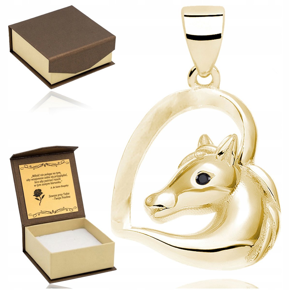 Złota Zawieszka Serce Koń Z Czarną Cyrkonią 925 + Pudelko Dedykacja Gratis
