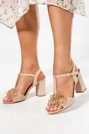 Espadryle damskie - Beżowe sandały z kryształkami damskie na słupku t-bar skórzana wkładka Casu ER24X4-N-38 - miniaturka - grafika 1