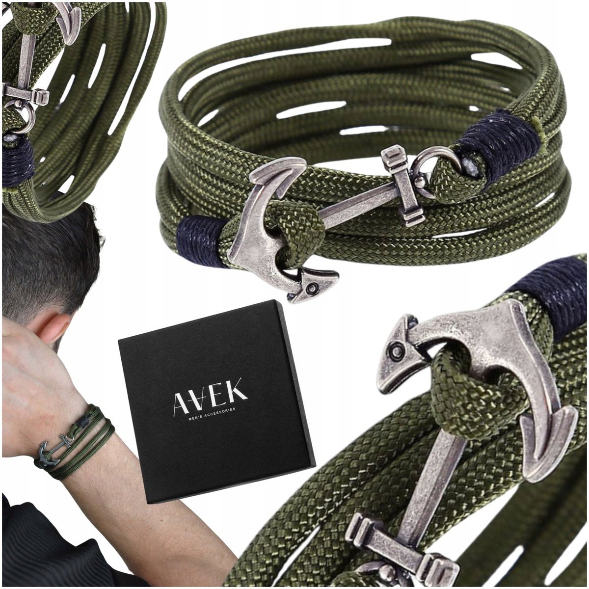 BRANSOLETKA MĘSKA PARACORD Z KOTWICĄ ZIELONA SURVIVAL MORSKA NA PREZENT / AVEK