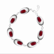 Bransoletki - Srebrna bransoletka 925 gładka z czerwonymi kamieniami - Koral - miniaturka - grafika 1