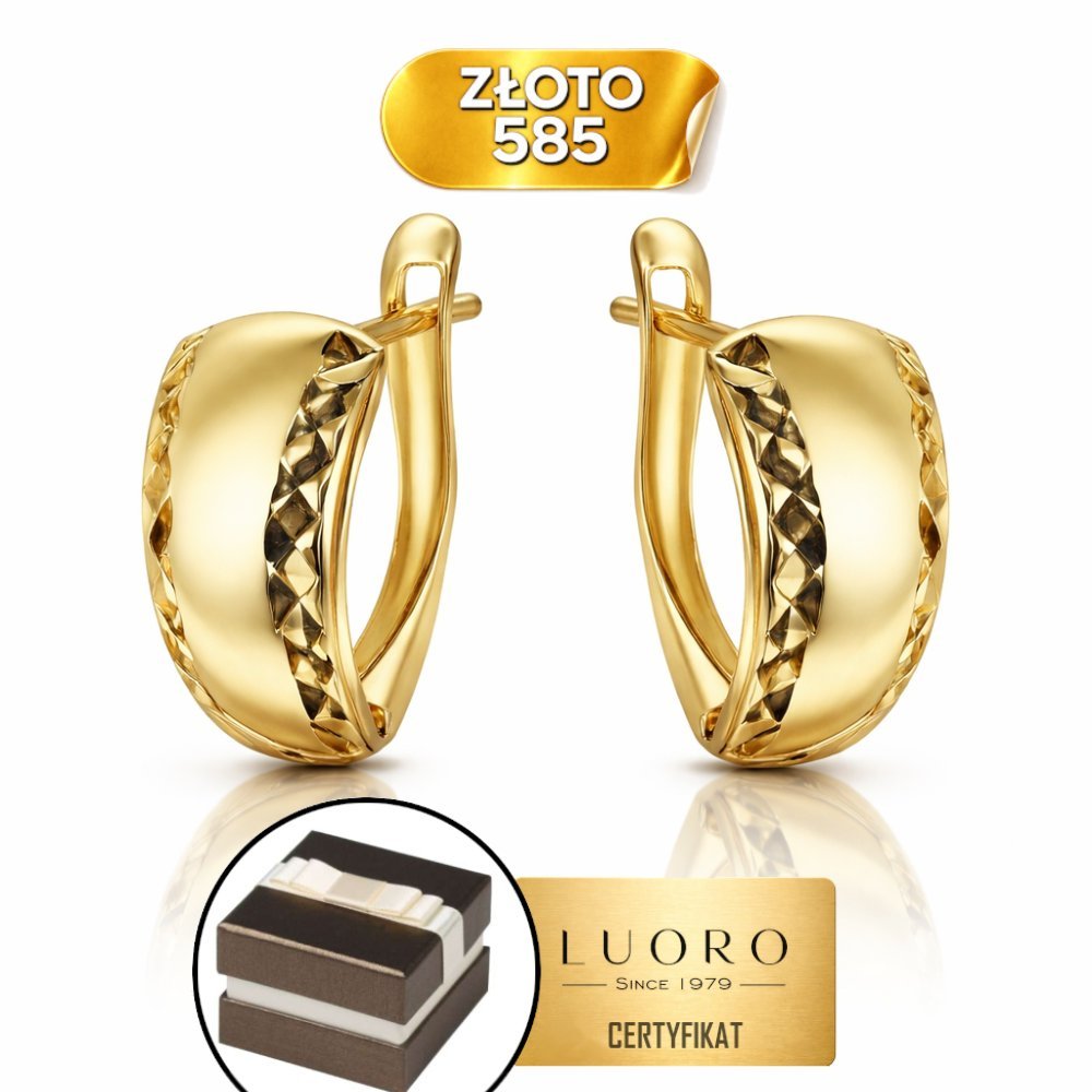 KOLCZYKI ZŁOTE 585 14K PROSTOKĄT DIAMENTOWANE BRZEGI 1,3 CM ANGIELSKIE