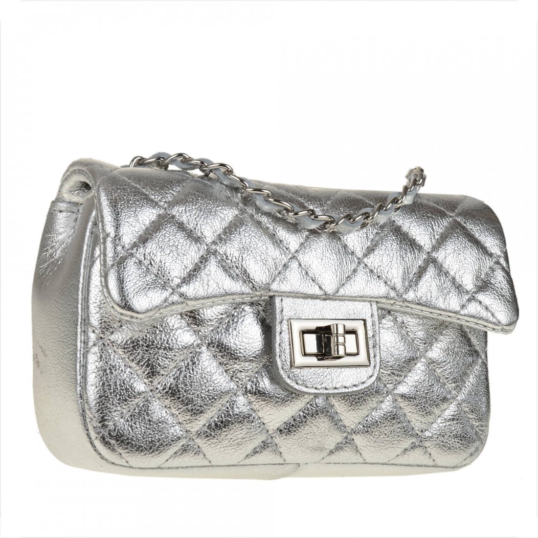 Śliczna pikowana torebka wizytowa srebrna skóra nat.