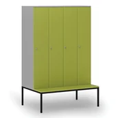 Szafy biurowe - Drewniana szafa ubraniowa z ławką, 4-drzwiowa, 1871 x 1200 x 500/800 mm, zamek cylindryczny, szary/zielony - miniaturka - grafika 1
