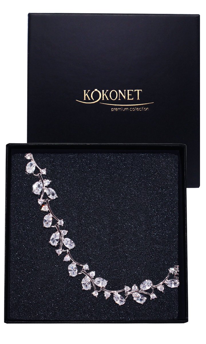 Bransoletka srebrna ślubna motyw roślinny BOHO cyrkonie błysk w pudełku