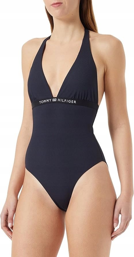 TOMMY HILFIGER GRANATOWY JEDNOCZĘŚCIOWY STRÓJ KĄPIELOWY HALTER XS I1E