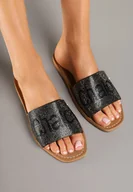 Klapki i japonki damskie - Czarne Płaskie Klapki Ozdobione Napisem Delionel - miniaturka - grafika 1