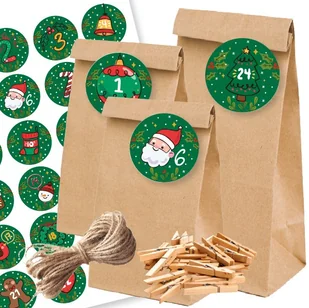Kalendarz Adwentowy Zestaw 24 Torebki + Klamerki + Naklejki + Sznurek- Zielone - Ozdoby bożonarodzeniowe - miniaturka - grafika 1