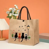 Torebki damskie - TEMU Modna Torba Tote z Nadrukiem Kota Wytrzymała i Stylowa Tkanina Khaki z Zapięciem na Klamrę, Idealna na Zakupy, Podróże i Aktywności na Świeżym - miniaturka - grafika 1