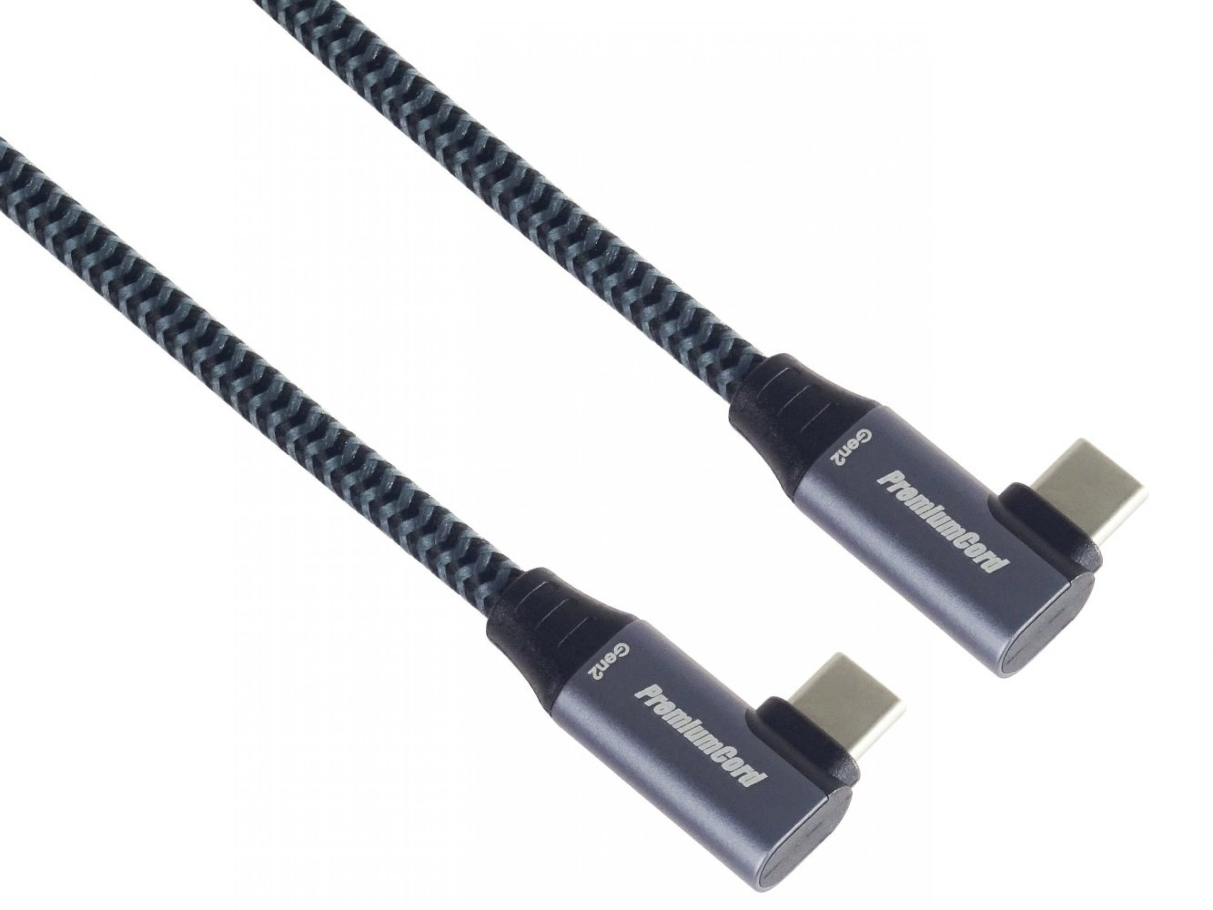 Kabel USB PremiumCord USB-C 2x zakrzywiony kabel USB 3.2 GEN 2x2, 5A, 100W, 20Gbit/s bawełniany oplot, długość: 0,5m