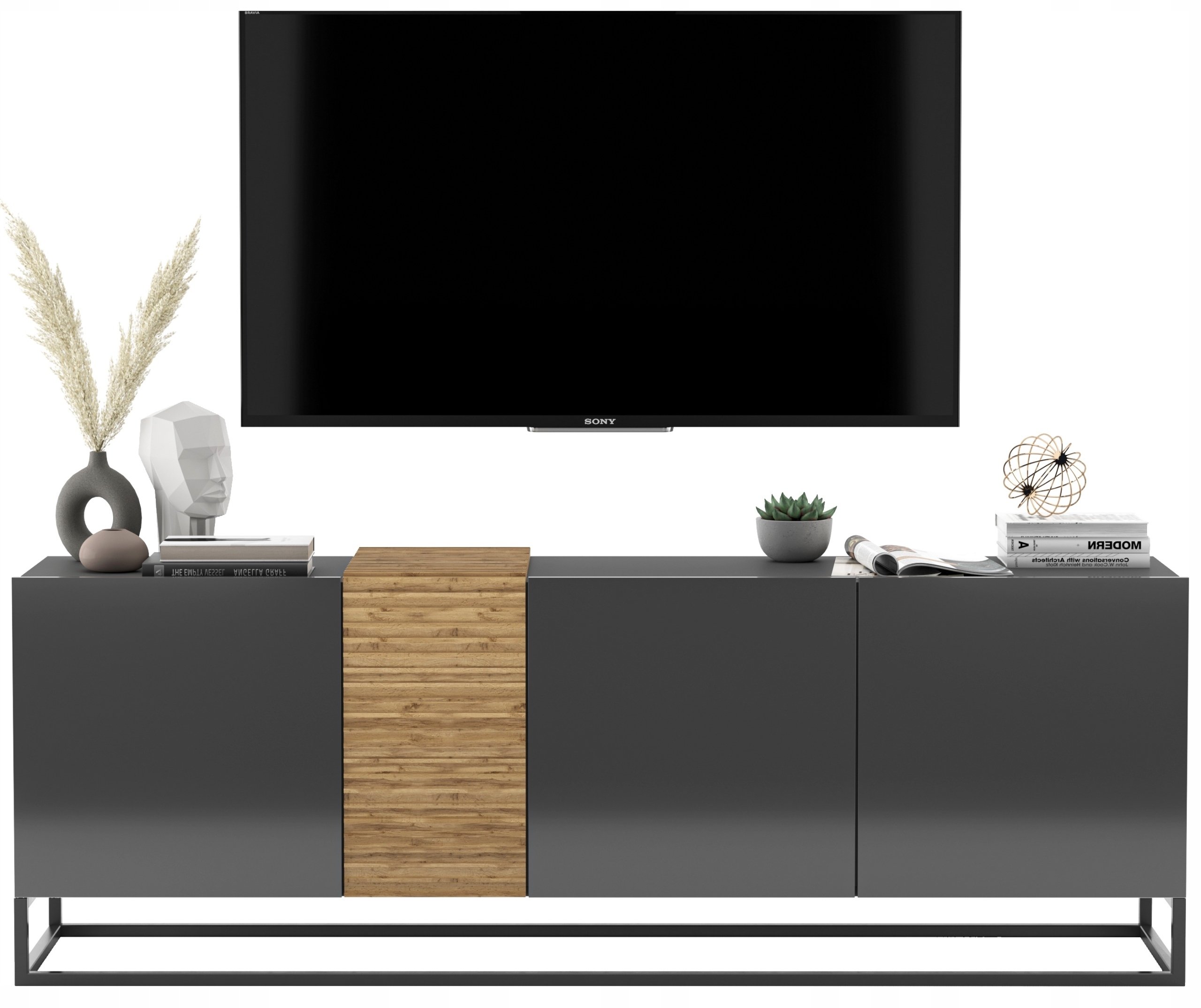 Szafka RTV Loft Komoda RTV Loft Industrialna grafit połysk Czarna Rama 160 cm