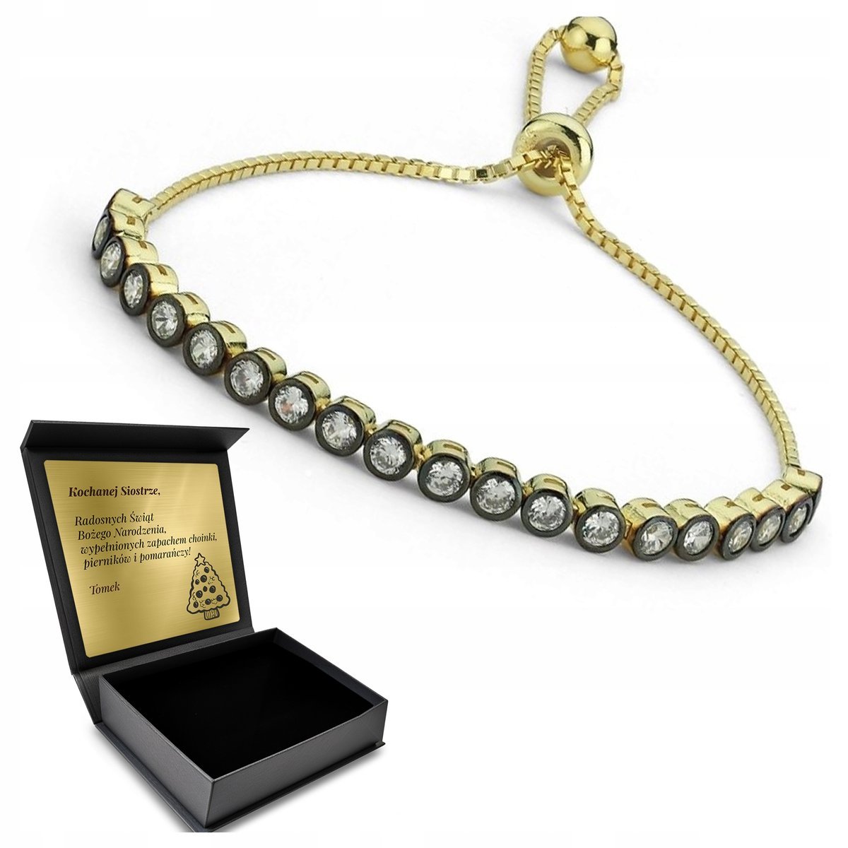 Bransoletka Złota Srebrna Z Cyrkoniami Regulowana Urzekająca Grawer