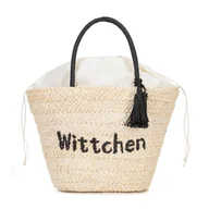 Torebki damskie - Pleciony koszyk z logo beżowo - czarny - miniaturka - grafika 1