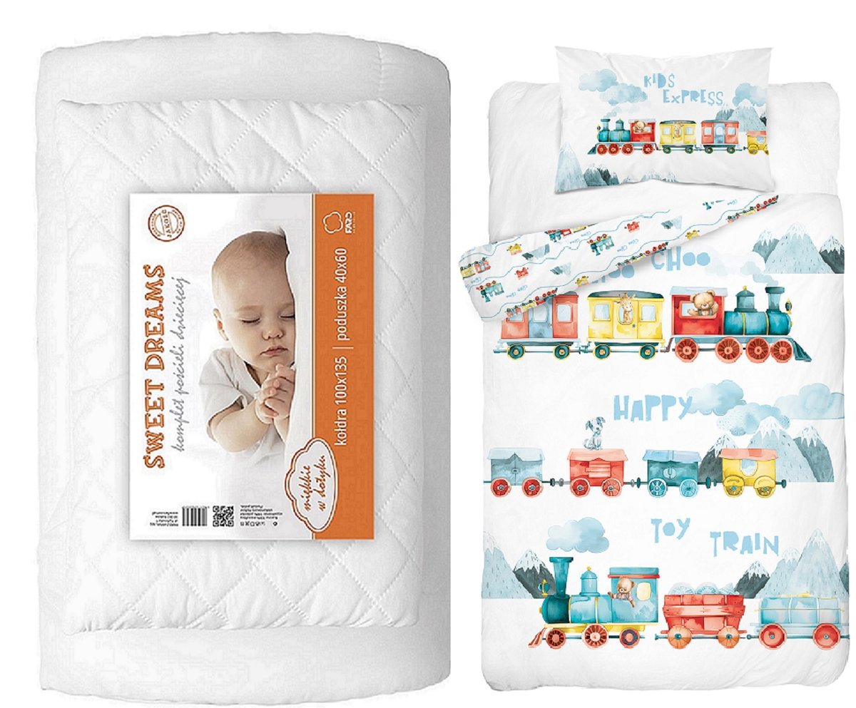 Komplet pościeli 100x135 do łóżeczka 4el z kołdrą i poduszką wyprawka pociąg