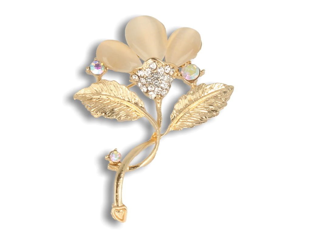 Broszka agrafka złote zawijasy z beżowymi kamieniami