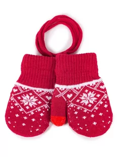 Rękawiczki dziewczęce jednopalczaste ze sznurkiem wzór norweski czerwone dotykowe 14 cm - Rękawiczki - miniaturka - grafika 1