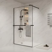 Ścianki i drzwi prysznicowe - Ścianka prysznicowa do kabiny walk-in z wieszakiem na ręczniki i półeczką - 120 x 200 cm - Czarny mat - BONPERO - miniaturka - grafika 1