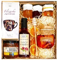 Zestawy upominkowe - KOSZ ZESTAW PREZENTOWY PREZENT UPOMINEK HERBATA MIÓD SYROP CYTRYNA MALINA - miniaturka - grafika 1
