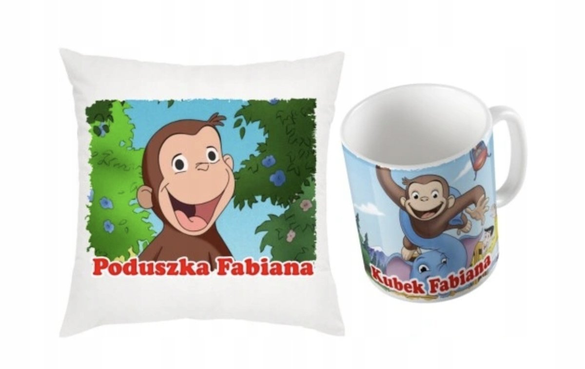 ZESTAW PODUSZKA + KUBEK Prezent CIEKAWSKI GEORGE MAŁPKA + IMIĘ 23
