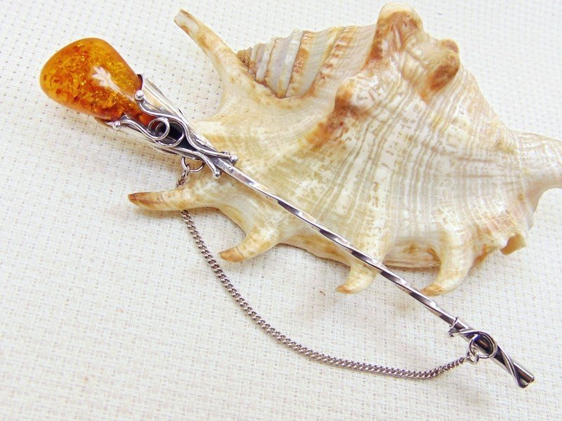 Szpilka srebrna z bursztynem, handmade 808-43