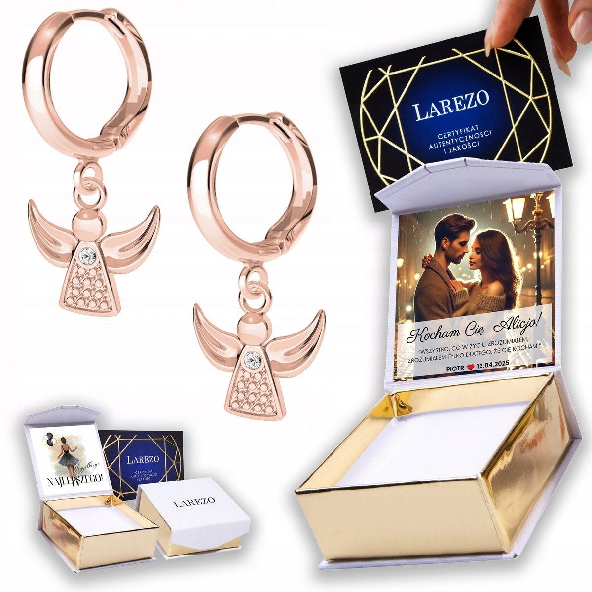 Kolczyki Pozłacane 925 z Aniołem Stróżem Angel Anioły Aniołki Stróże NADRUK