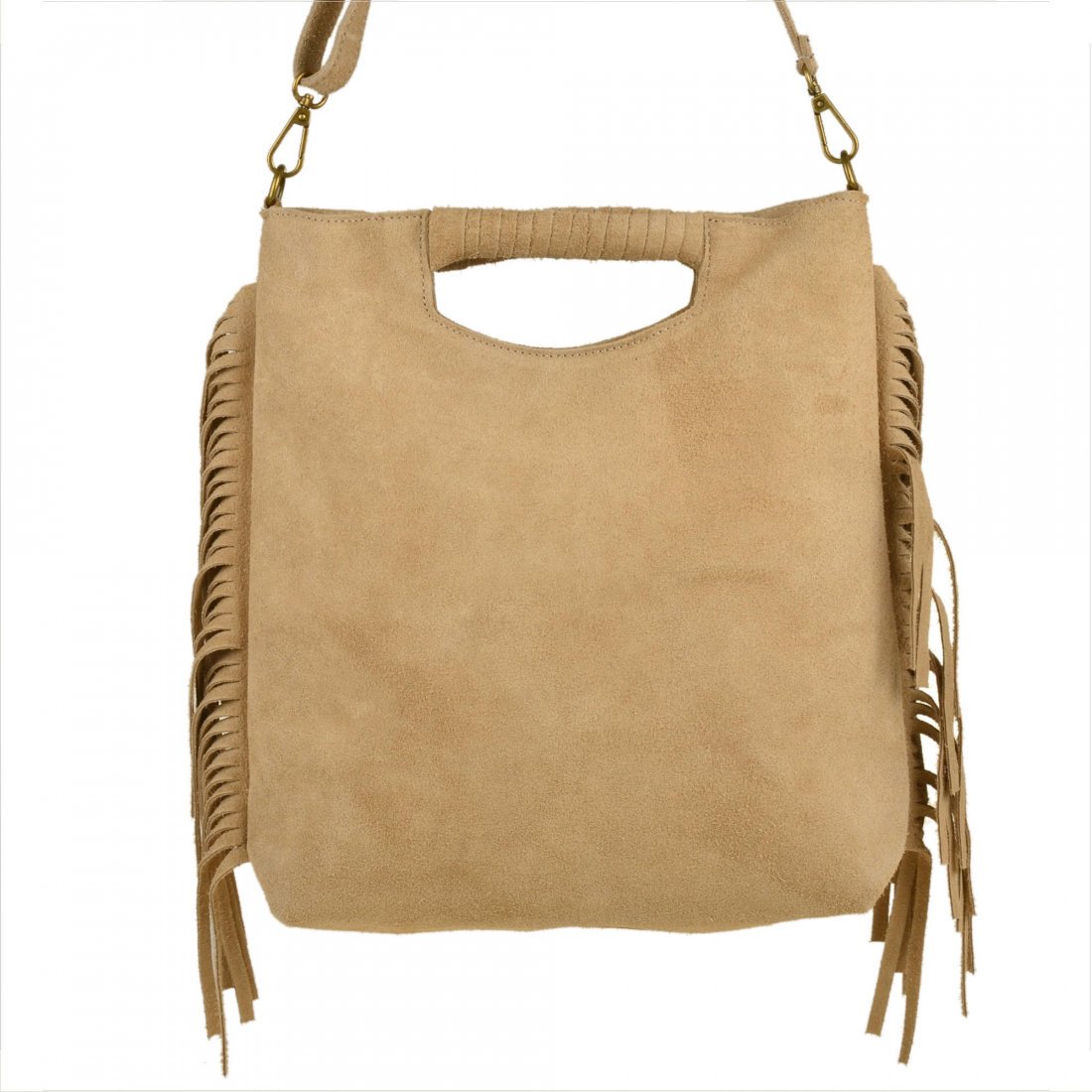 Lekka zamszowa torebka na ramię ozdobnymi frędzlami beżowa