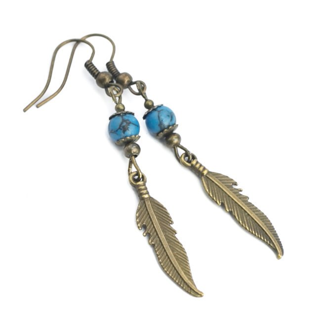 Kolczyki piórka, pióra z howlitem, w stylu etno boho, antyczny brąz / JG. Projekt