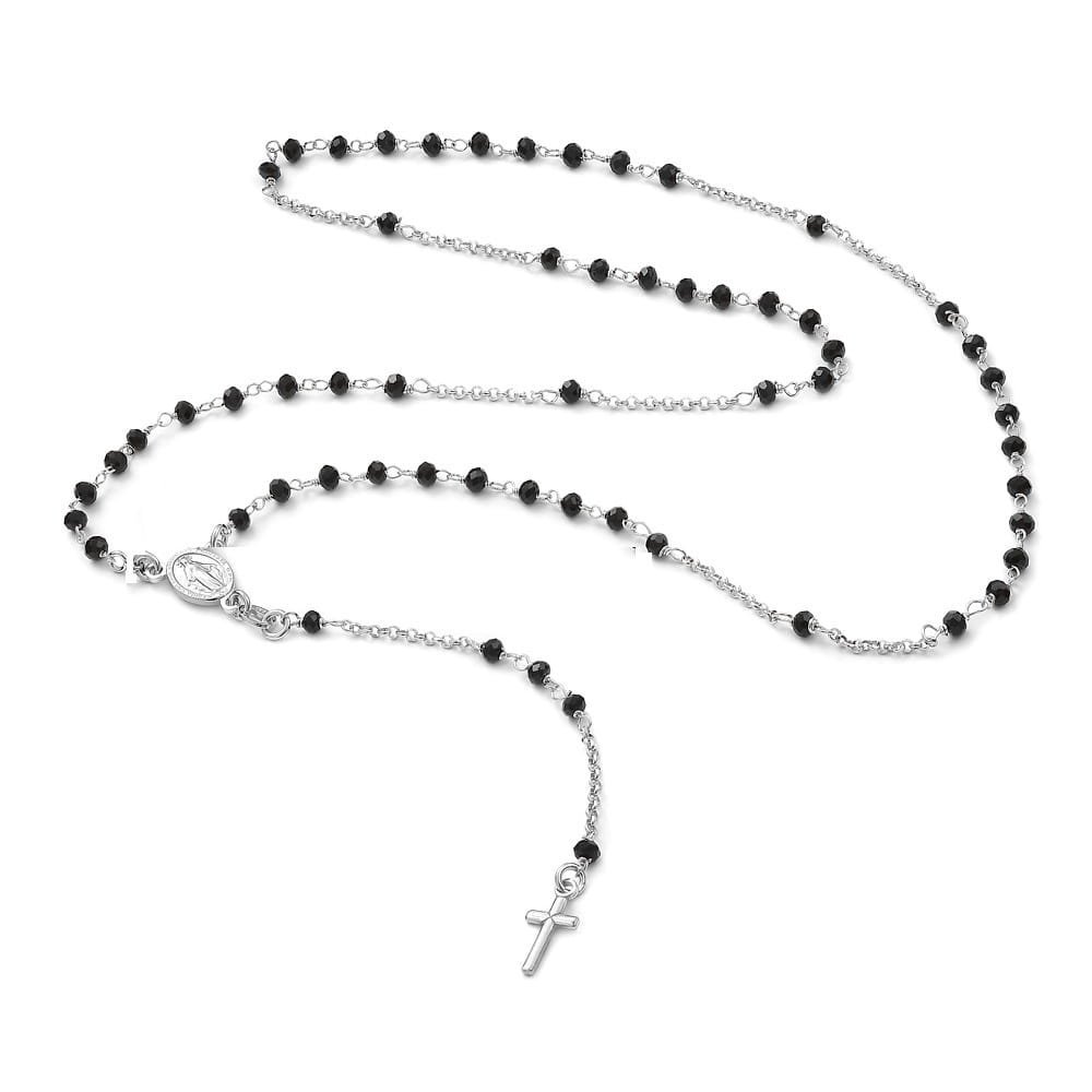 Srebrny naszyjnik rodowany różaniec z cyrkoniami medalikiem i krzyżykiem