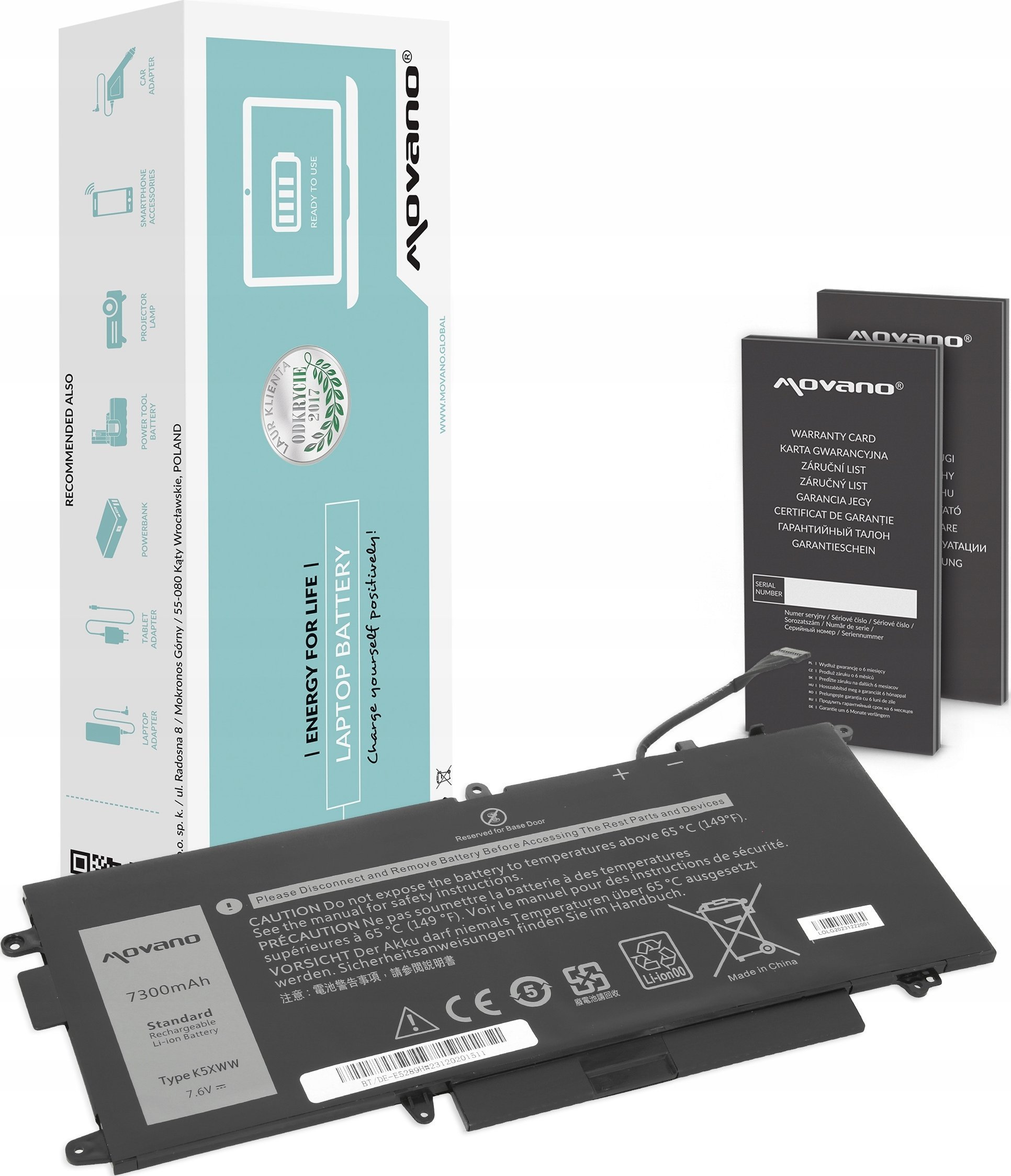 Bateria Movano Bateria K5XWW do Dell Latitude 5289 7390 2-in-1 - 7300mAh