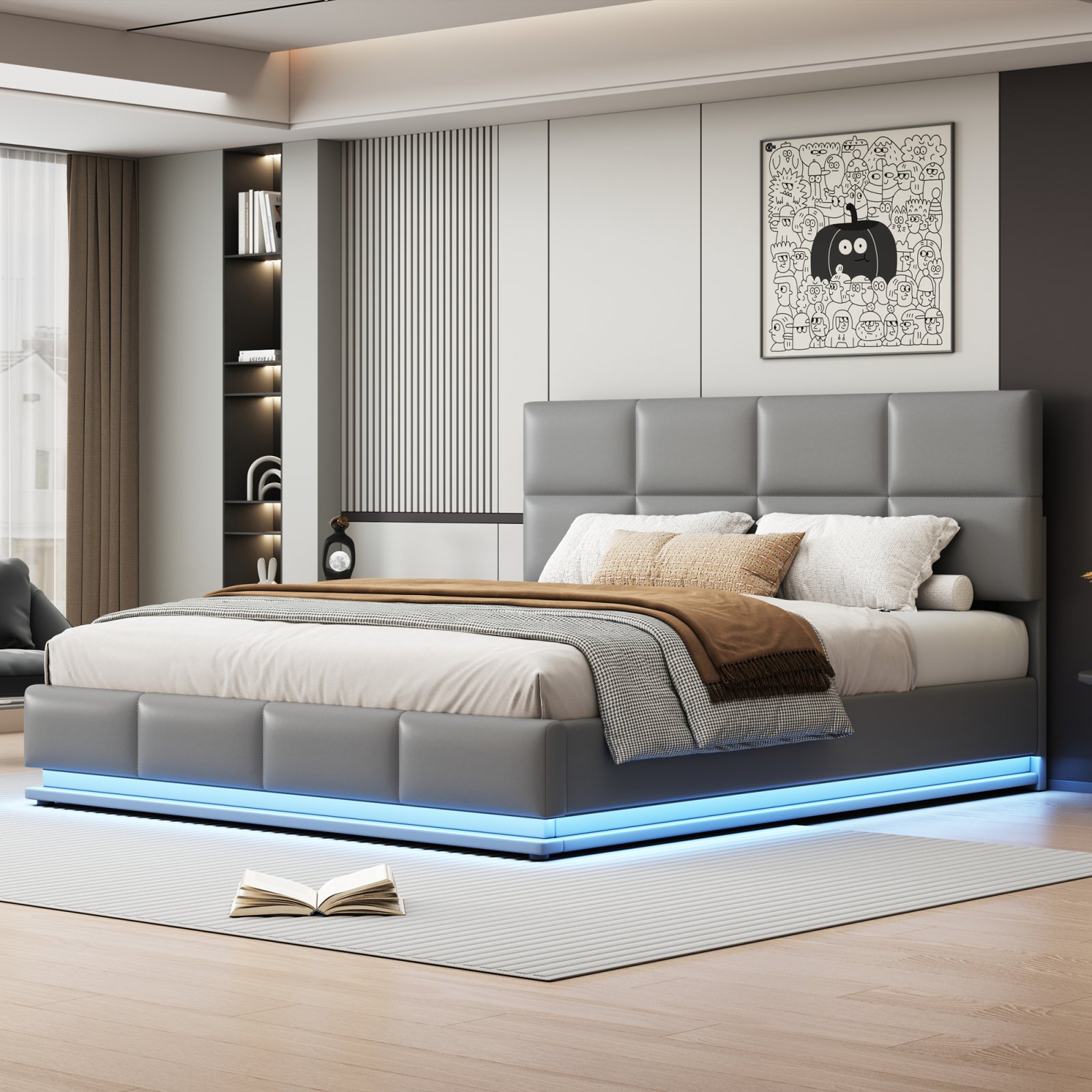 Łóżko tapicerowane Fortuna Lai 180x200 cm z LED, łóżko na sprężynach hydraulicznych ze stelażem listwowym i schowkiem, łóżko podwójne drewniane łóżko młodzieżowe imitacja skóry, jasnoszare