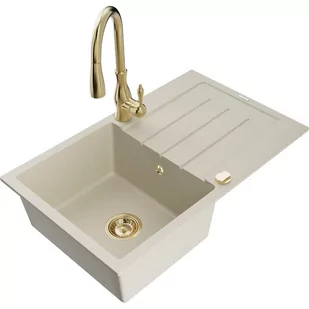 Mexen Bruno zlewozmywak granitowy 1-komorowy z ociekaczem i baterią kuchenną Savita, beżowy - Zlewozmywaki z baterią - miniaturka - grafika 1