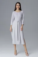 Sukienki - Szara Rozkloszowana Wizytowa Sukienka z Przeszyciami i Paskiem - miniaturka - grafika 1