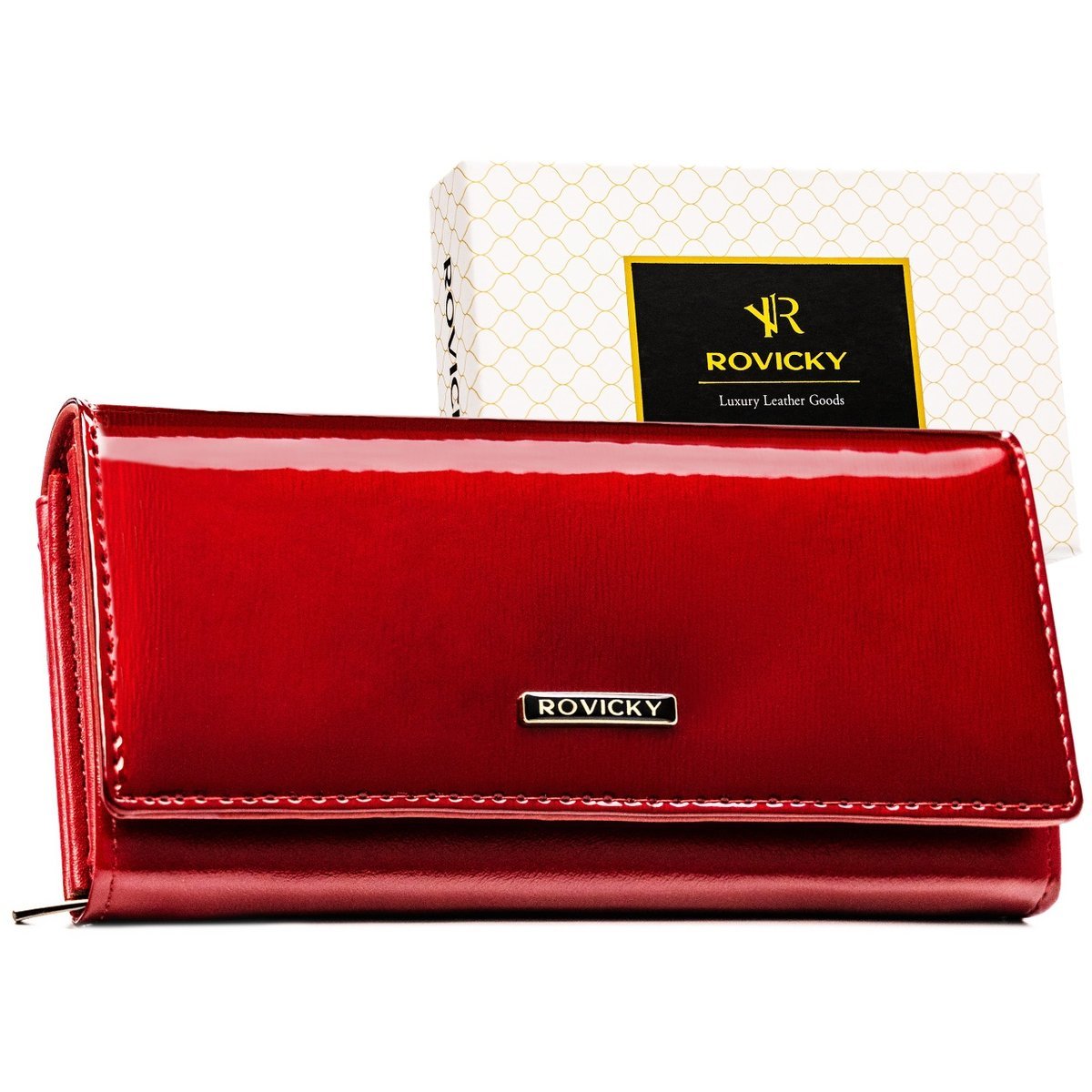 Duży portfel damski ROVICKY lakierowany rozbudowany na karty gotówkę klasyczny ochrona RFID elegancki czerwony