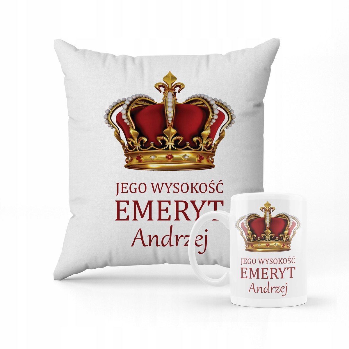 ZESTAW PODUSZKA + KUBEK Prezent dla emeryta + IMIĘ 2