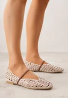 Baleriny - Jasnobeżowe Ażurowe Balerinki z Imitacji Plecionki z Paskiem Naeraea - miniaturka - grafika 1