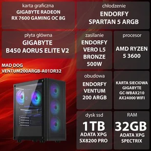 Komputer MAD DOG VENTUM200ARGB-A01DR32 R5-3600 32GB RAM 1TB SSD Radeon RX7600 Wi-Fi - Zestawy komputerowe - miniaturka - grafika 1