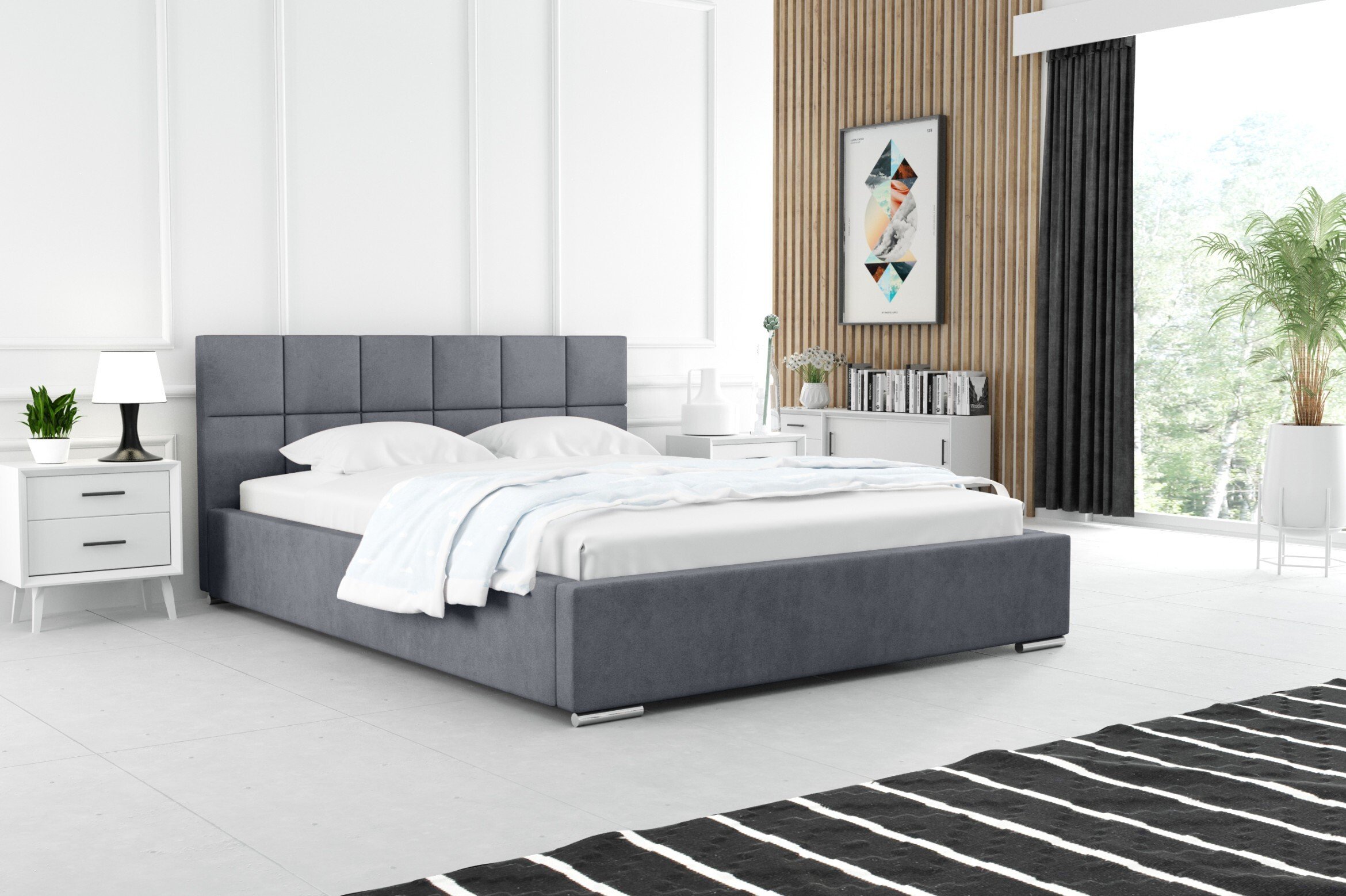 ADIDAR Leon łóżko tapicerowane 140x200cm podwójne metalowe - drewniana rama z hydrauliczną podstawą łóżka, stelaż listwowy, zagłówek (szary - Amor Velvet 4320)