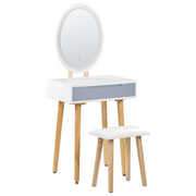 Toaletki - Toaletka 1 szuflada lustro LED ze stołkiem biało-szara VESOUL - miniaturka - grafika 1