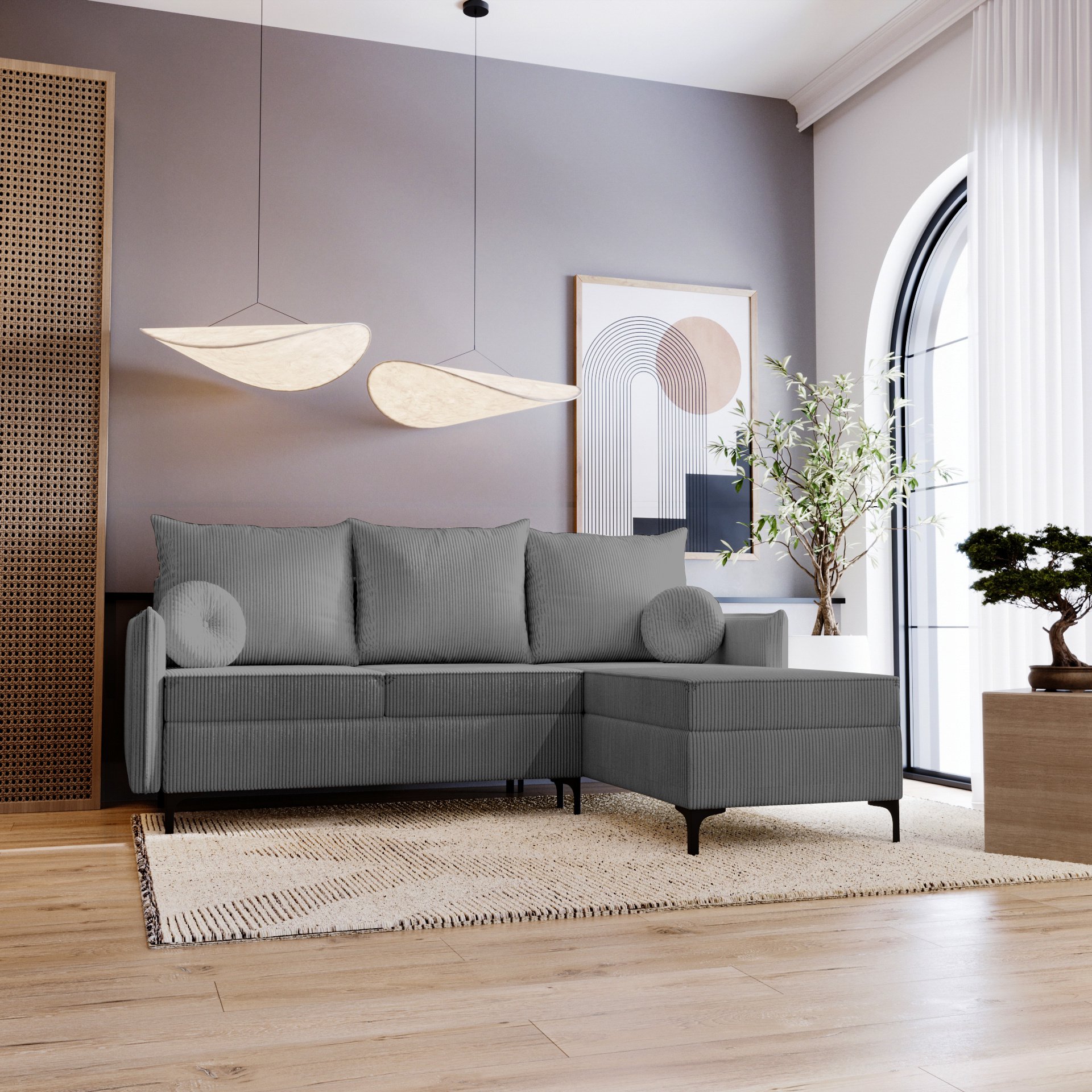 Narożnik w kształcie litery L Lion - Sofa do salonu z funkcją spania i podstawą łóżka - Prawa - Ciemnoszary & Poso 60