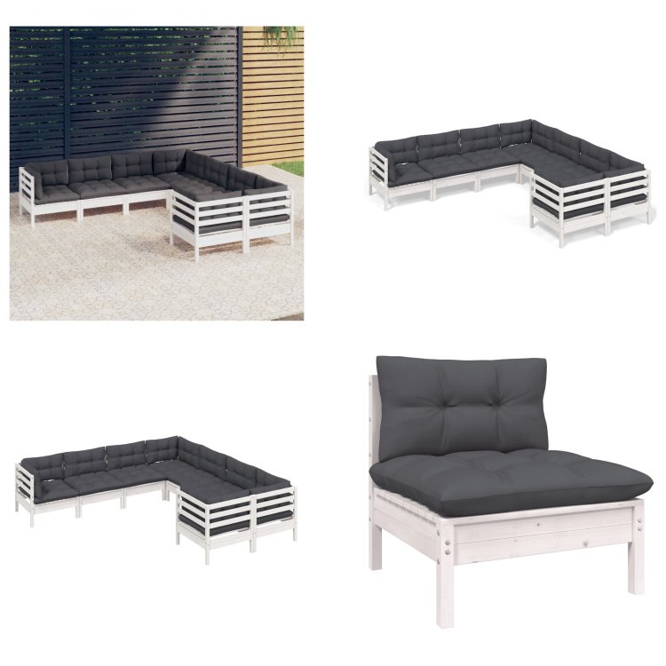 vidaXL 8-częściowy zestaw wypoczynkowy do ogrodu z poduszkami biała lita sosna - Zestaw wypoczynkowy do ogrodu - Zestawy wypoczynkowe do ogrodu - Zestawy mebli ogrodowych - Zestawy mebli ogrodowych