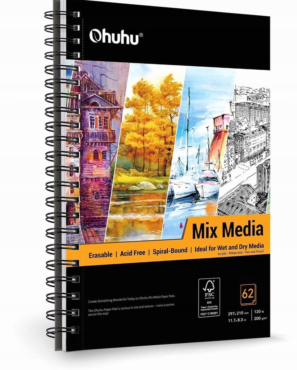 SZKICOWNIK A4 200GSM 124 STRONY BLOK SPIRALNY PAPIER BEZKWASOWY