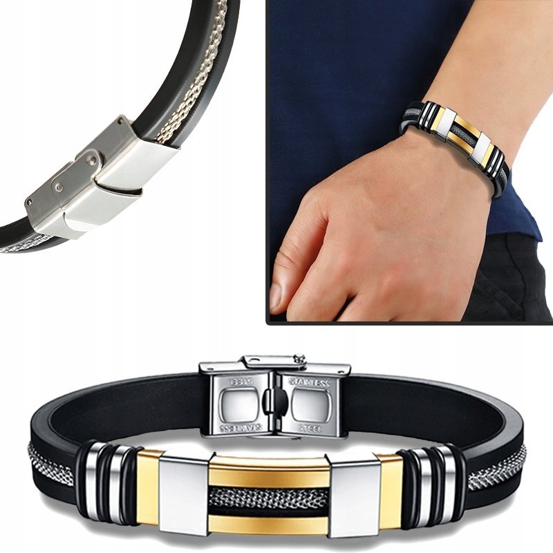 CZARNA BRANSOLETA BRANSOLETKA ZŁOTA MĘSKA STAL SZLACHETNA 316L