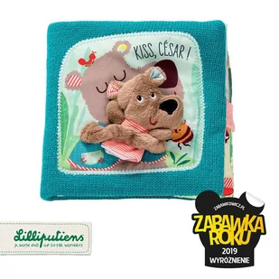 Lilliputiens LILLIPUTIENS - książeczka z mini-pacynką na palec wielofunkcyjna "Buziaki dla Cezara" Niedźwiadek Cesar 12 m + - Zabawki sensoryczne - miniaturka - grafika 1